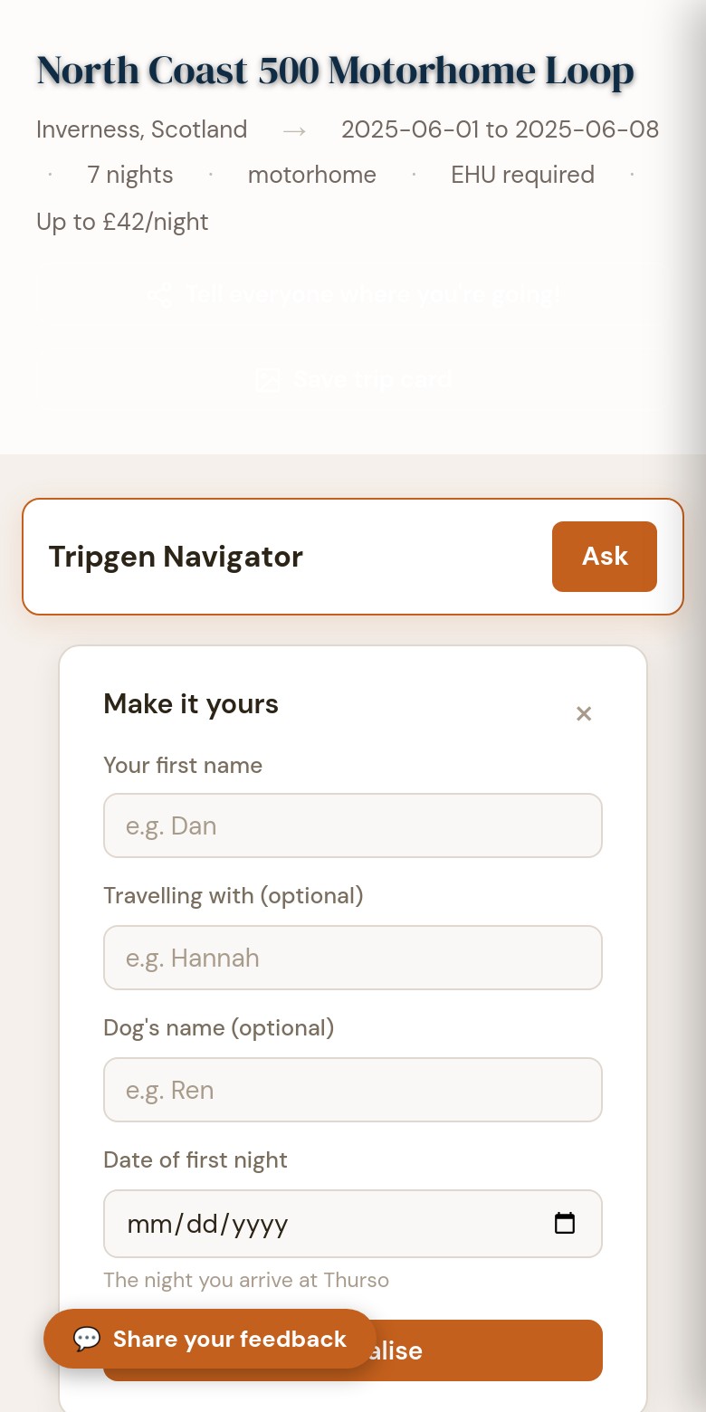 Trip overview showing destination, dates and budget