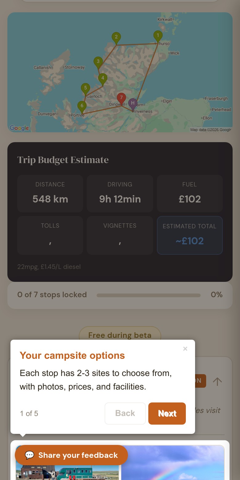 Route map and trip budget estimate