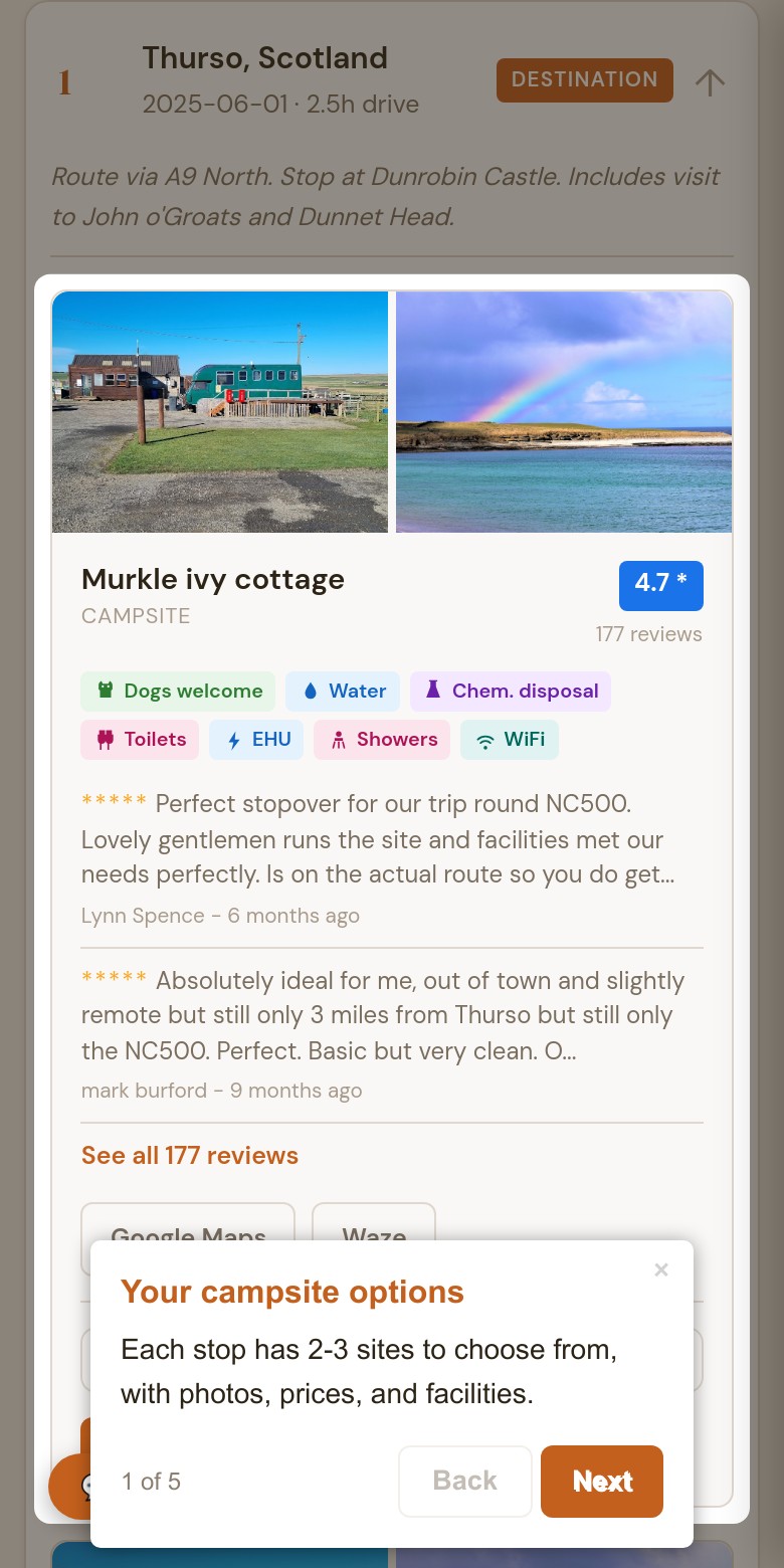 Campsite card with photos, star rating and reviews