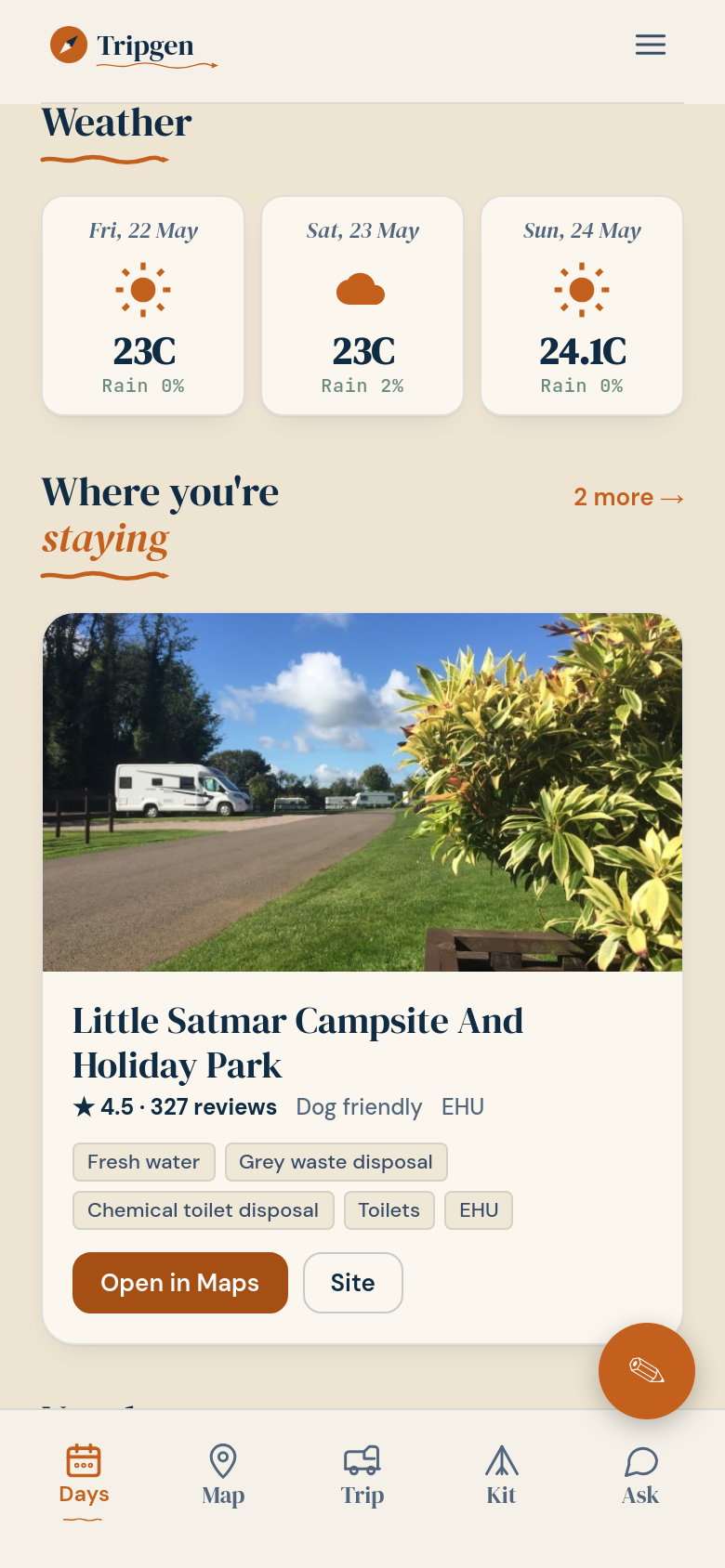 Tripgen demo dashboard showing weather, campsite options, review counts, facilities, maps and the trip tabs