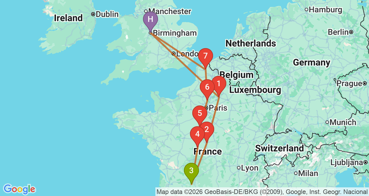Route map for the Dordogne demo trip