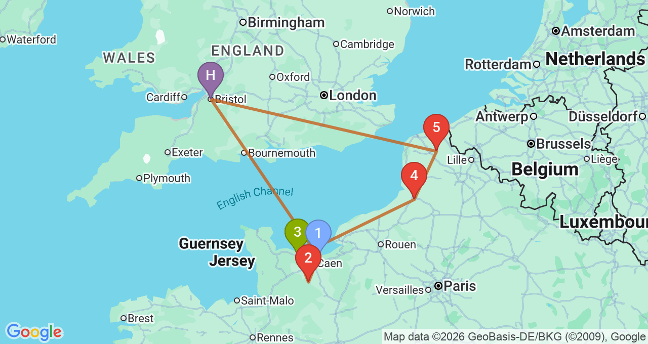 Route map for the Normandy demo trip