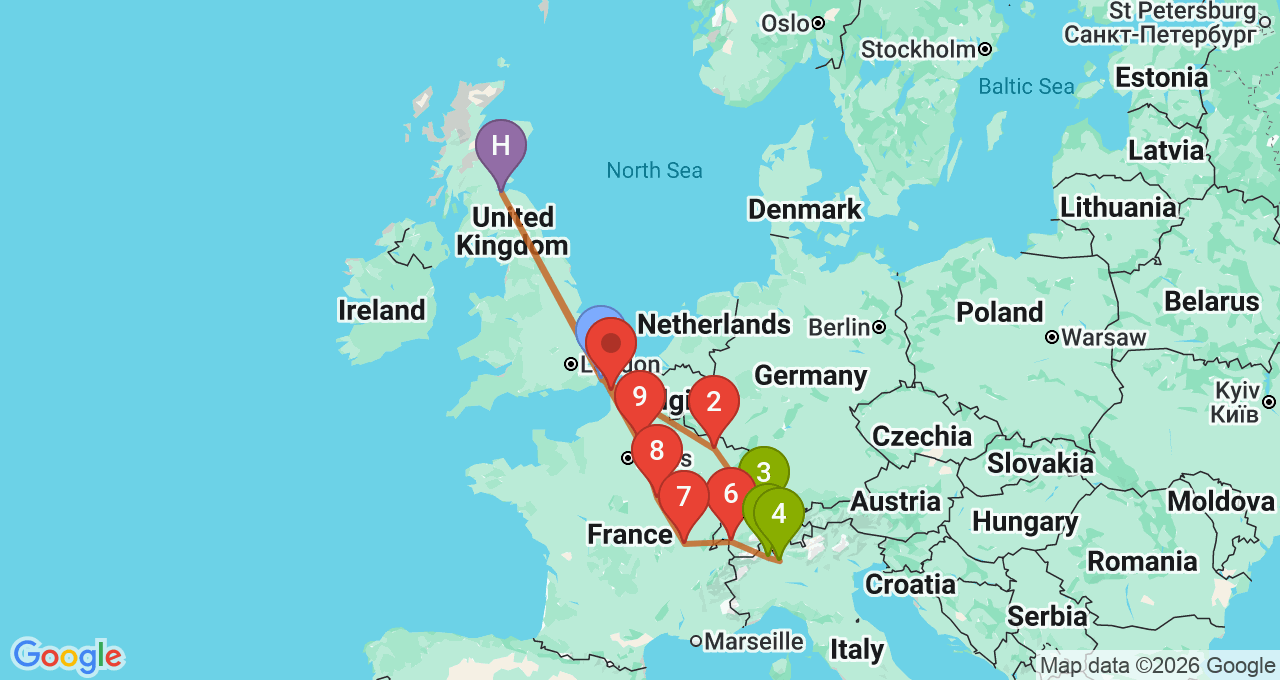 Route map for the Swiss lakes demo trip
