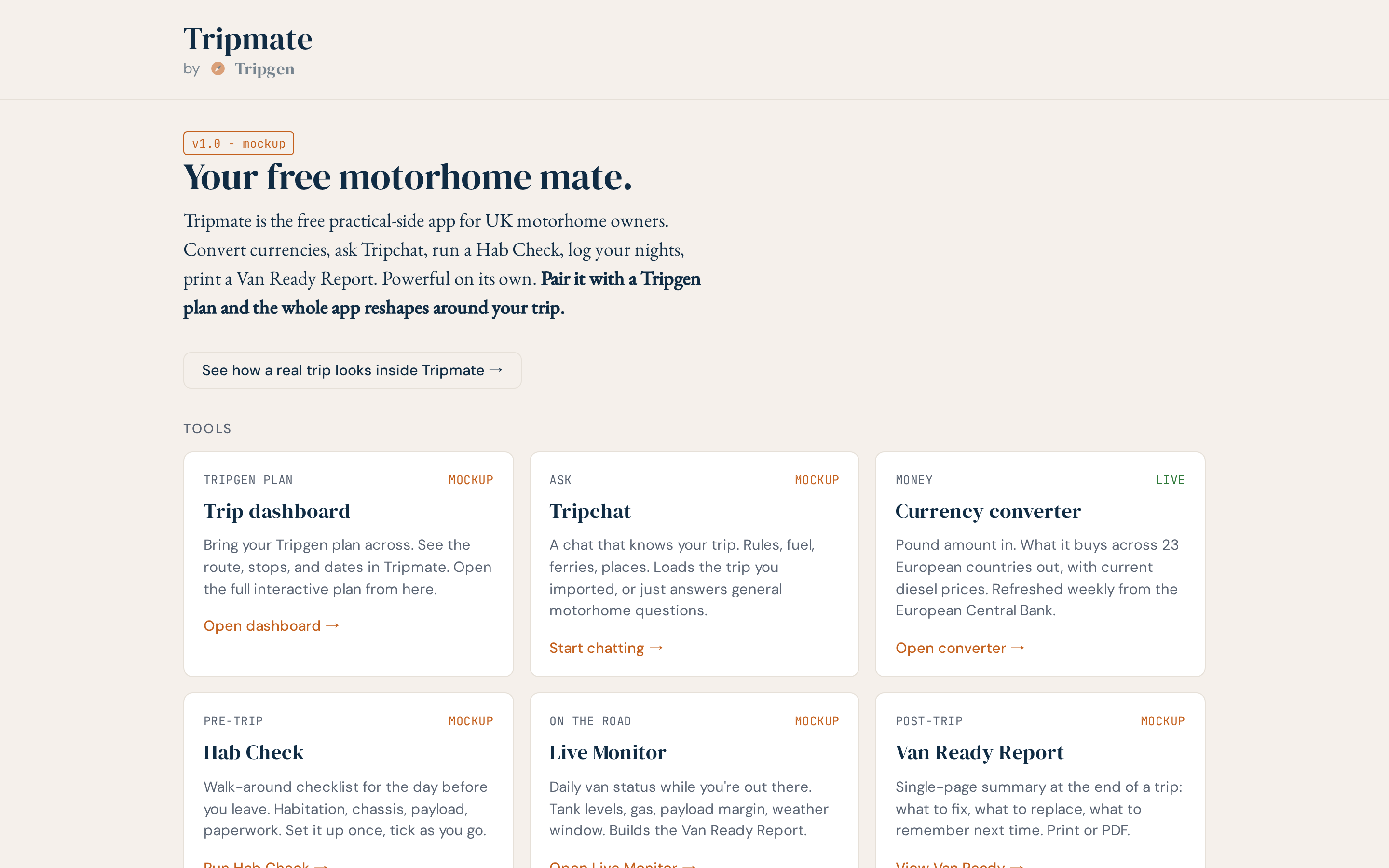 Tripmate hub homepage with five tool cards