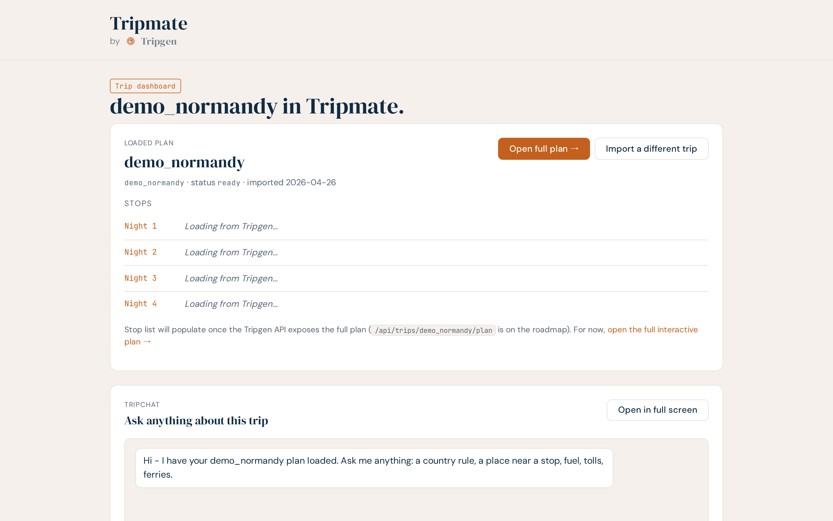 Tripmate dashboard with a sample trip loaded and Tripchat panel